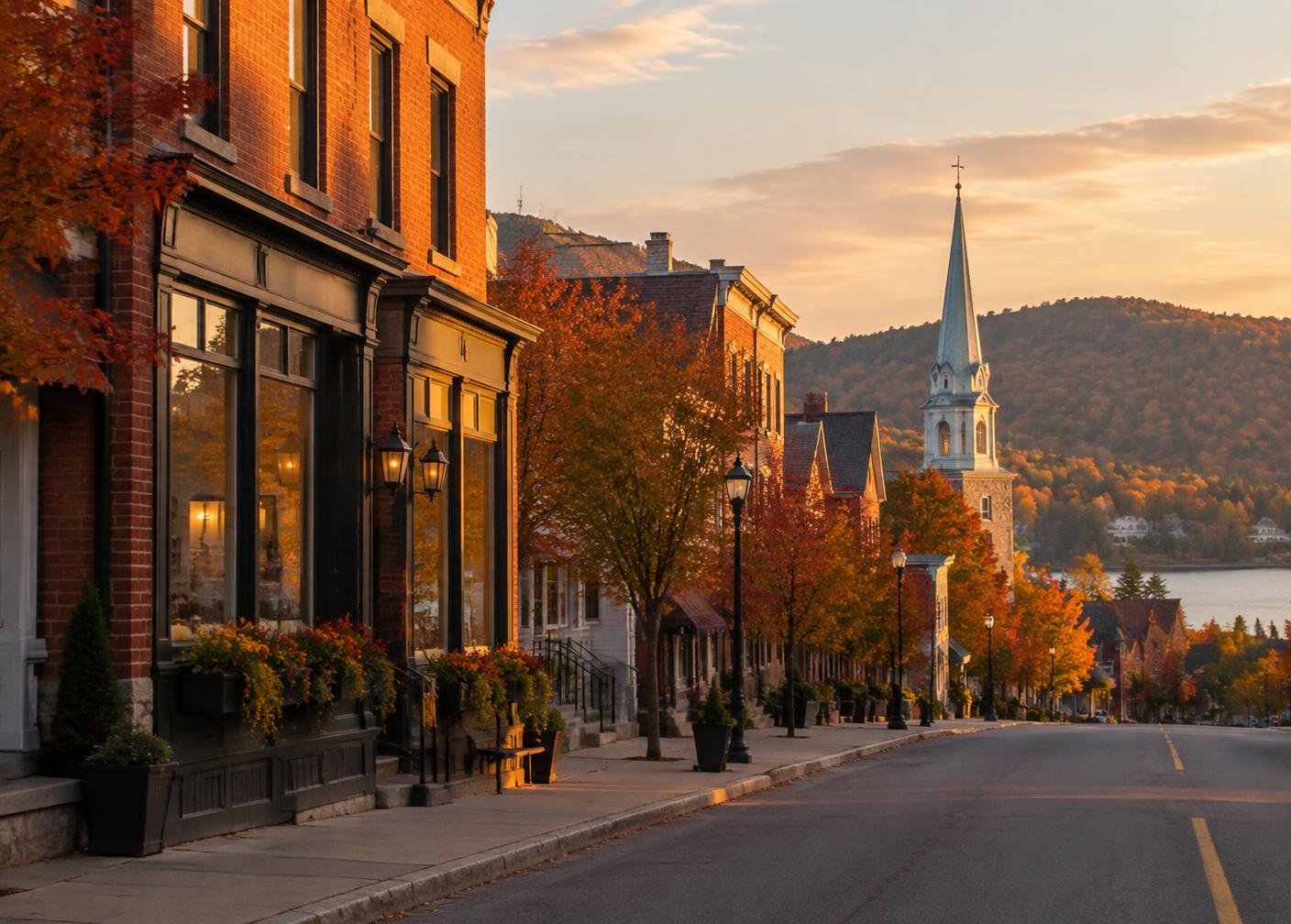 Rue principale des Laurentides en automne, au coucher du soleil